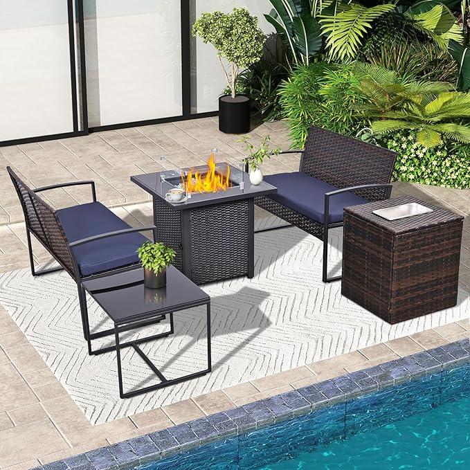 FHFO 5 Piece Outdoor Patio Furniture Set with 28”Gas Fire Pit Table & Ice Bucket Storage Box, Outdoor Wicker Rattan Patio Conversation Set for Outside, Poolside, Balcony, Porch, Brown-Blue