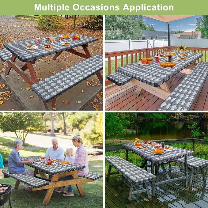 Picnic Table Cover with Bench Covers Camping Essentials Waterproof Windproof Camping Tablecloth with Drawstring Bag, Fitted Rectangle Tables and Seats, 72in, Dark Gray