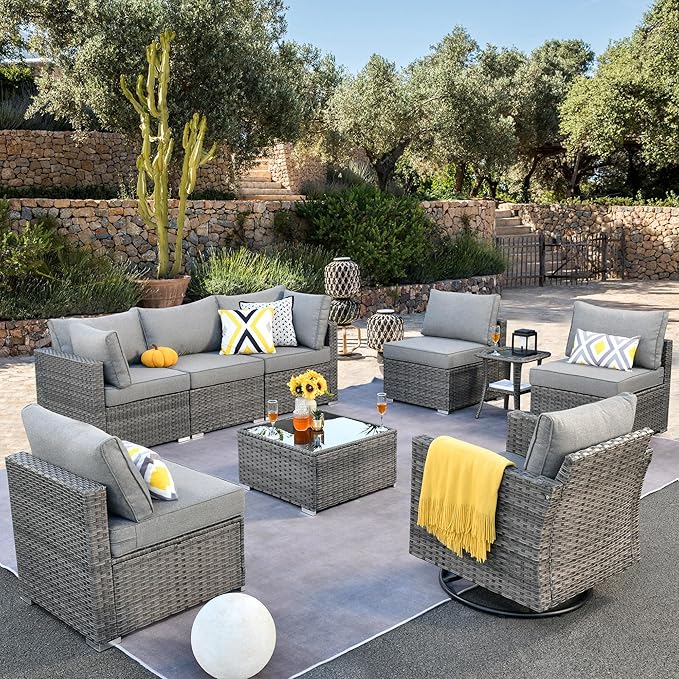ovios Outdoor 9 Piece Coversation Set with Swivel Rocking Chair,Sectional Patio Furniture Set with All-Weather Wicker Sofa,Modern Outside Couch for Balcony Backyard Pool, Dark Grey