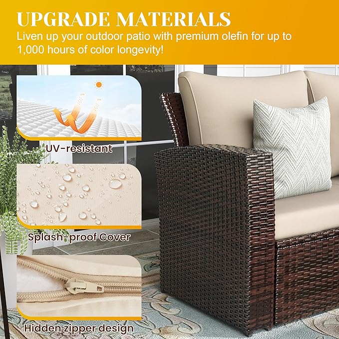 4-Piece Outdoor Patio Furniture Set, All Weather Wicker Rattan Sectional Sofa Conversation Seating Set with Cushions & Large Glass Coffee Table, Ideal for Garden Backyard Porch, Beige