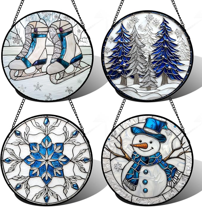 DASTOLL Stained Glass Window Hanging 4 Pcs Set White Winter Christmas Snow Scene Large 15" - Suncatcher Door Garden Sun Catcher Decor Birthday for Mom Woman Nana Men Friend Wife