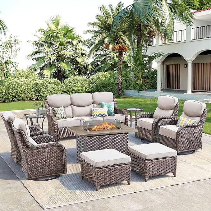 Patio Furniture Set with Fire Pit Table-10 Pieces All Weather Outdoor Swivel Rocker Chairs with Sofa and Ottomans. Outdoors Patio Conversation Sets for Porch Deck Garden Backyard(Brown/Beige)