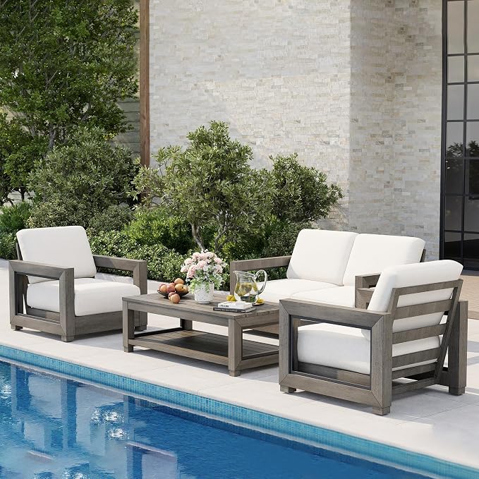HAPPATIO Oversized Aluminum Patio Furniture Set, Outdoor Conversation Set 4 Pieces with Loveseat and Coffee Table, Extra Large Seat with Thicken Cushion for Backyard Poolside, Grey