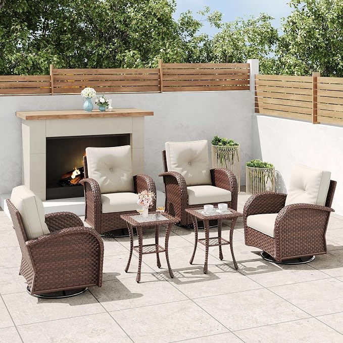 6 Pieces Outdoor Wicker Patio Swivel Rocking Chairs, All Weather Wicker Conversation Set with Side Table