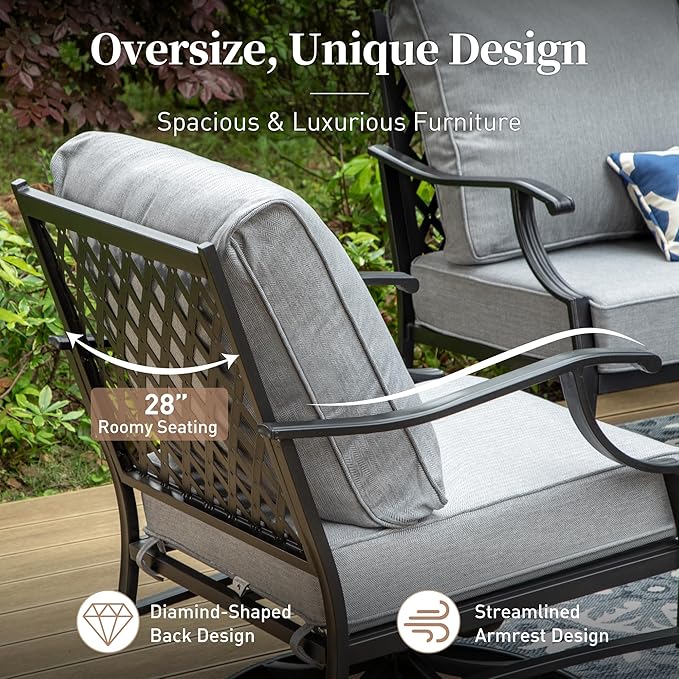 SUNSHINE VALLEY 6 Piece Metal Outdoor Patio Furniture Set with Firepit Table, Patio Conversation Set 1 3-seater Sofa, 2 Swivel Chair, 2 Ottoman with 5.75" Thick Cushion, Black Backyard Furniture, Gray