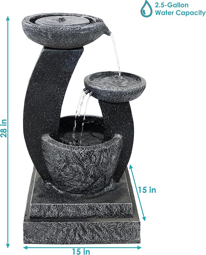 Sunnydaze Modern Cascading Bowls 28-Inch Solar Water Fountain with Battery Backup and LED Lights - Submersible Pump