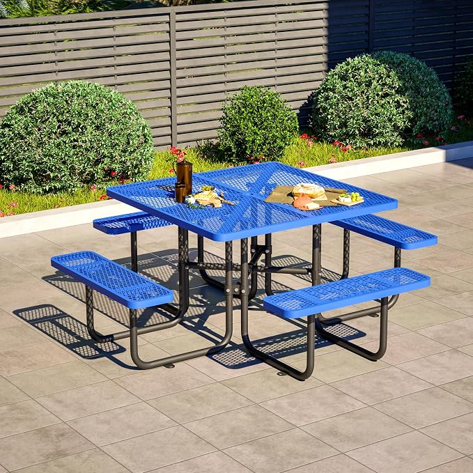 Square Outdoor Metal Coffee Picnic Table for Patio, Backyard, Garden and DIY (Includes 4 Built-in Benches) - Blue