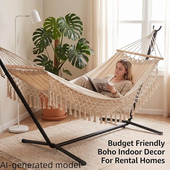 Bohemian Canvas Hammock with Tassels, 79"x39", 300 lbs, White | Soft Breathable Cotton Canvas Hammock,79x39in,2 Hanging Straps Wooden Bar;3 colors,compact for students renters dorm balcony