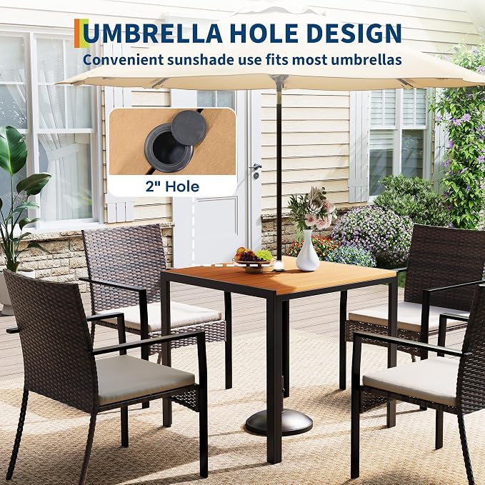 5 Piece Patio Dining Set, Wicker Outdoor Table and Chairs with Umbrella Hole ＆ Soft Cushion, Patio Furniture Set for Backyard, Garden, Poolside, Deck - Balck＆White