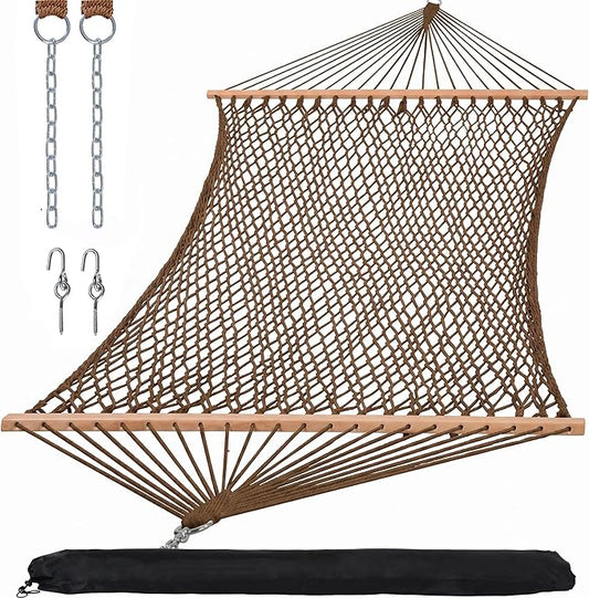 SUNCREAT Hanging Backyard Rope Hammock with Spreader Bar, Carrying Bag, 450 lbs Capacity, Portable Two Person Hammock with Tree Hooks, Brown
