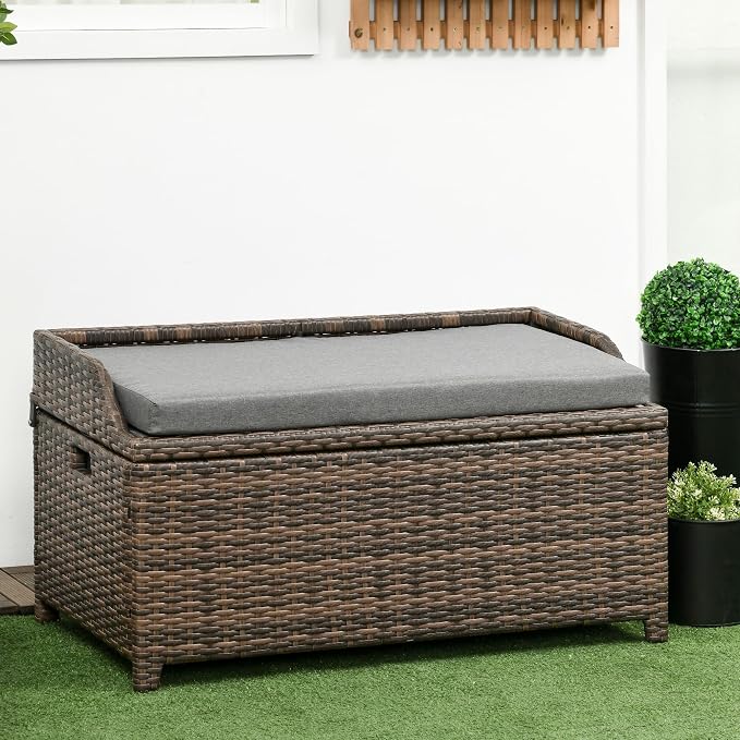 Outdoor Wicker Storage Bench Deck Box, PE Rattan Patio Furniture Pool Container Storage Bin with Interior Waterproof Bag and Comfortable Cushion, Gray
