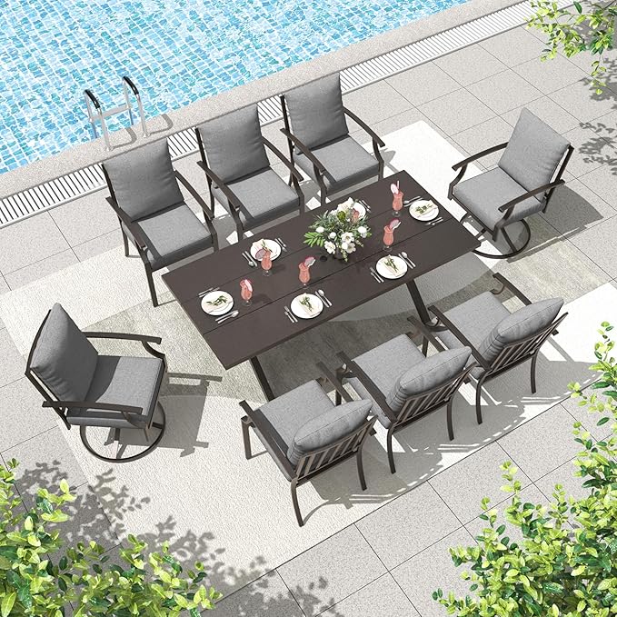 ALAULM 9-Piece Patio Dining Table and Chairs for 8 Outdoor Dining Set with 2 Swivel Chairs Patio Dining Sets with Rectangular Metal Table with Umbrella Hole for Patio, Backyard, Garden-Grey