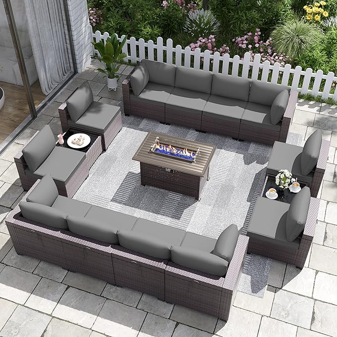 Patio Furniture Set with Fire Pit Table 15 PCS Outdoor Sectional Furniture Rattan Patio Conversation Set with 43in Propane Gas Fire Pit Table and Glass Table, Grey