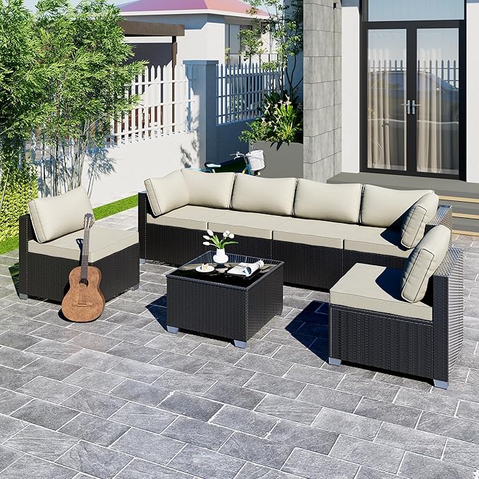 7-Piece Outdoor Patio Sectional Sofa Set – PE Wicker Rattan Conversation Furniture with Coffee Table, Cushions & Clips, Modular Patio Couch for Porch, Poolside, Backyard, Garden – Black Rattan