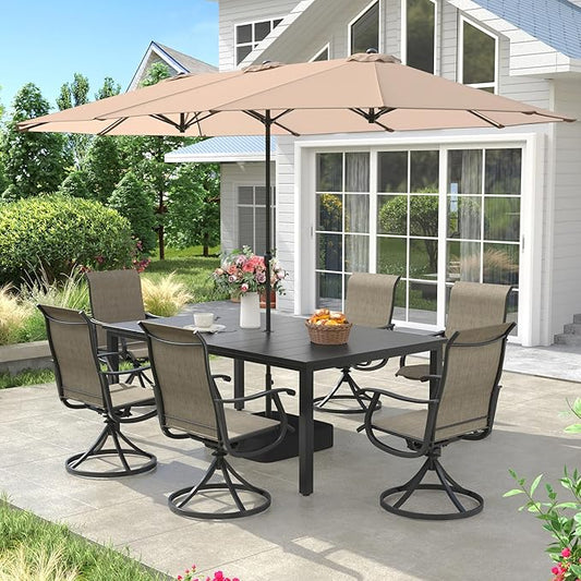 VICLLAX Patio Table and Chairs with Patio Umbrella, 6 Patio Swivel Chairs and Metal Patio Table with 15ft Wheat Outdoor Umbrella for Backyard, Mixed Brown Chairs & Black Tabletop