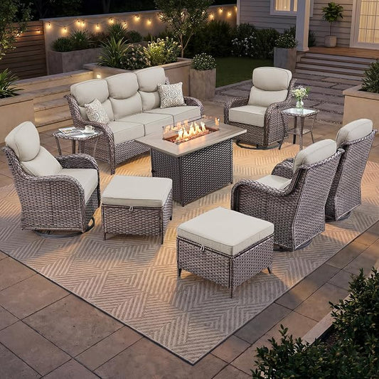 Luxury Patio Furniture Set 10pcs with 6-inch Thick Cushion, Outdoor Furniture with Fire Pit Table, Swivel Chairs, Sofa, Side Table, Ottomans, Patio Set for Deck Yard Brown Wicker | Beige Cushions