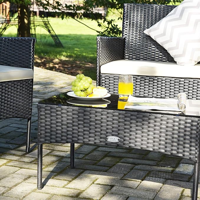 Tangkula 4 Piece Patio Furniture Set, Outdoor Wicker Conversation Set with Tempered Glass Coffee Table, Rattan Loveseat & Chairs Set with Seat Cushions for Backyard, Garden, Poolside (1, Beige)