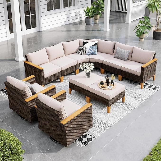 Sophia & William Half Moon Outdoor Sectional Furniture with High Back Swivel Rocker Chairs and Curved Sofa, 10PCS Wicker Patio Conversation Set for Deck Yard and Poolside, Beige