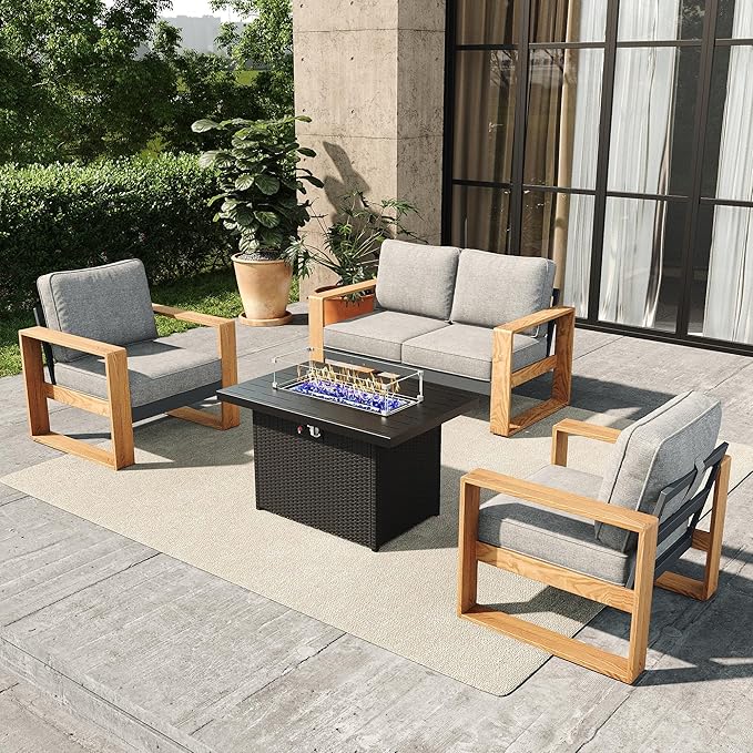 4 Pieces Aluminum Patio Furniture Set, Outdoor Conversation Sets with High Backrest Sofa and Fire Pit Table for Garden and Backyard