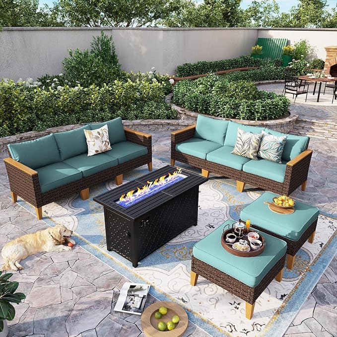 Sophia & William Patio Furniture Set with Fire Pit Table, 9 Piece Outdoor Wicker Furniture Sectional Sofa, Large Patio Rattan Conversation Set with Ottoman & 45" Fire Pit Table(Aqua Blue)