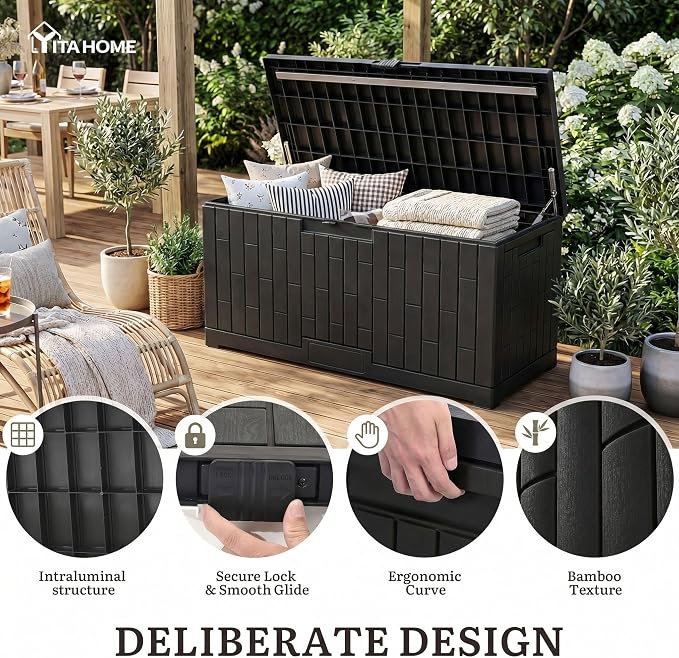 YITAHOME 120 Gallon Large Deck Box, 53"L x 22.7"W x 25.5"H Resin Outdoor Storage Box with Slide-Locking Lid for Patio Cushions, Garden Tools, Pool Supplies, Easy Assembly, Waterproof Lockable, Black