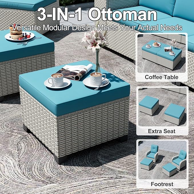 11-Piece Outdoor Patio Furniture Set, Modular Sectional Sofa Set with Swivel Rocker Chairs & Ottomans, Wicker Outdoor Couch Conversation Sets w/Coffee Table and Cushions, Turquoise