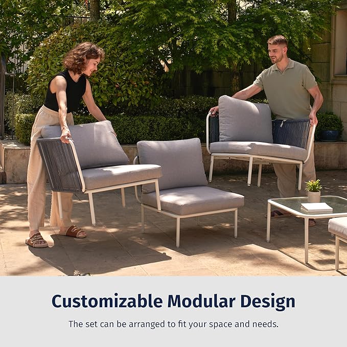 East Oak 5-Piece Montauk Modular Patio Furniture Set, Outdoor Sectional Sofa with Cushion and Glass Coffee Table, Modern Patio Conversation Set for Garden, Backyard and Porch, Grey