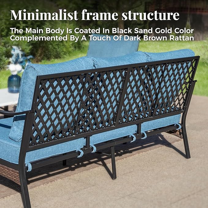 Patio Furniture Set with Fire Pit Table, Metal Outdoor Conversation Set with 5.75'' Extra Thick Cushion, 4 Leg Chairs, 3-Seat Sofa and Gas Fire Pit Table, Navy Blue