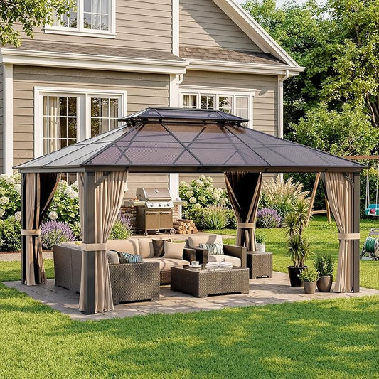 12'x16' Hardtop Gazebo, Outdoor Polycarbonate Roof Canopy, Aluminum Frame Permanent Pavilion with Curtains and Netting, Sunshade for Garden, Patio, Lawns