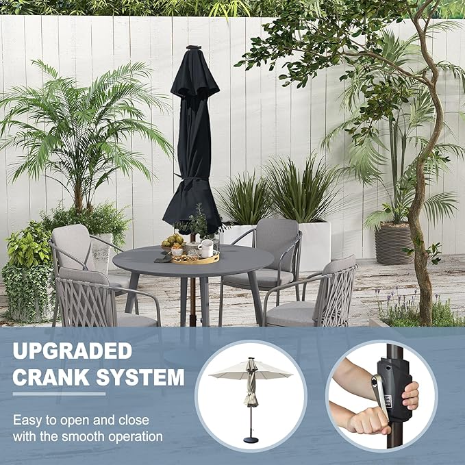 EliteShade USA 10-Year-Non-Fading 10ft Market Patio Umbrella, Commercial Grade Table Sun Umbrella with 80 Solar LED Lights, Crank Open, Windproof & UPF 50+ UV Protection for Garden, Deck, Pool, Backyard, Black