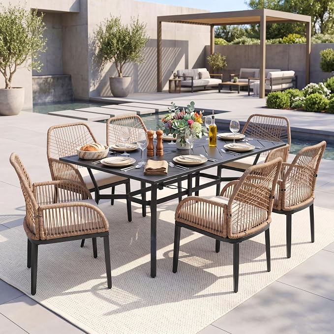 NUU GARDEN 7-Piece Patio Table and Chairs with Cushions, Outdoor Dining Set for 6, Rectangular Metal Table and Rattan Chairs with Umbrella Hole for Lawn Garden Backyard Deck, Brown