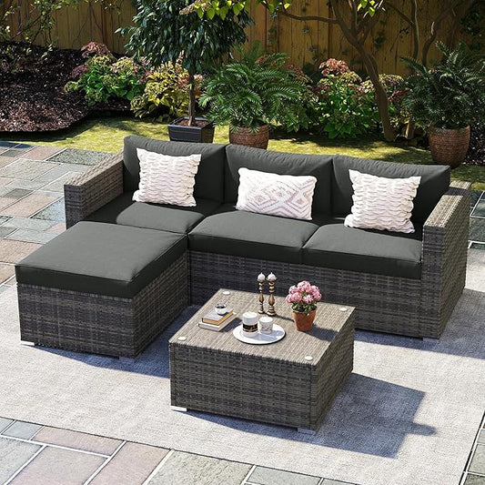 Wisteria Lane 5 Piece Outdoor Patio Furniture Set, All Weather Wicker Rattan Sectional Sofa Conversation Set with Cushions & Large Glass Coffee Table, Ideal for Garden Backyard Porch Balcony, Grey
