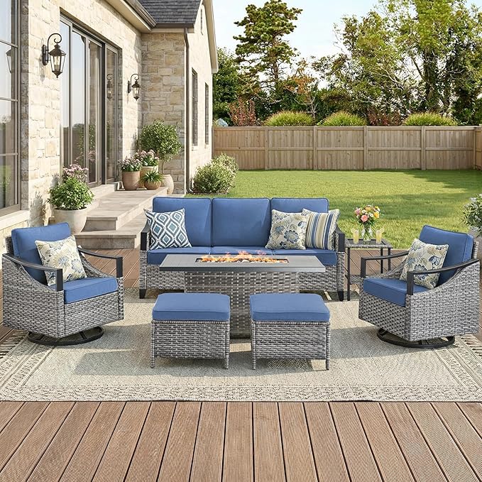 Patio Furniture Set with 42.5" Fire Pit Table-7 Pieces All Weather Wicker Outdoor Furniture with High Back Swivel Patio Chairs Set of 2 Outdoor Patio Conversation for Deck Garden Blue/Gray