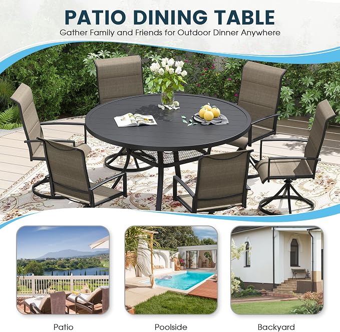 Patio Dining Table for 4-6, Round Metal Outdoor Table with 1.57" Umbrella Hole, 47" Outdoor Slat Tabletop Dining Table for Backyard, Porch, Lawn, Black