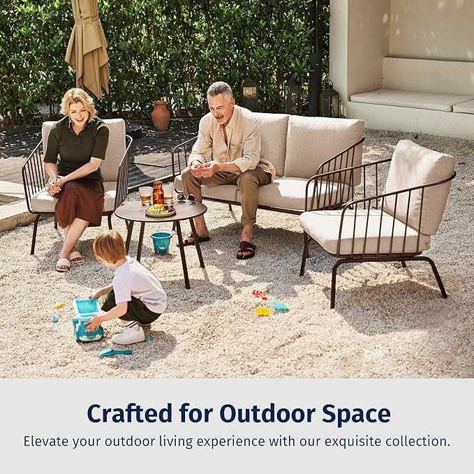 East Oak 4-Piece Plaza Patio Furniture Set, Outdoor Furniture with Thick Cushion Sofa and Coffee Table, Modern Patio Conversation Set for Garden, Backyard and Porch, Brown & Beige