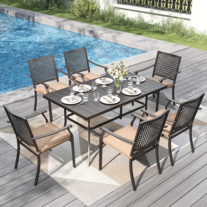 PHI VILLA Outdoor Dining Set for 6, 59" Metal Table & Swivel Chairs | 7 pcs black wrought iron furniture set w/ umbrella hole. All weather for patio, deck, yard, porch