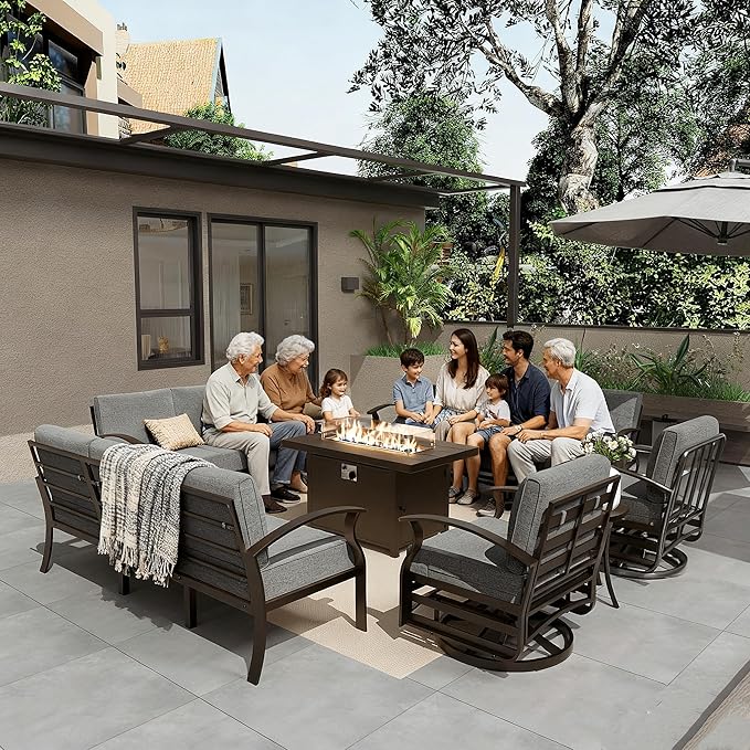 Gotland Outdoor Aluminum Patio Furniture Set with Fire Pit Table, 7 Pieces Metal Patio Furniture with 2 Swivel Rocking Chairs 11 Seats Waterproof 5.1'' Seat Cushions, for Garden Balcony Porch Gray