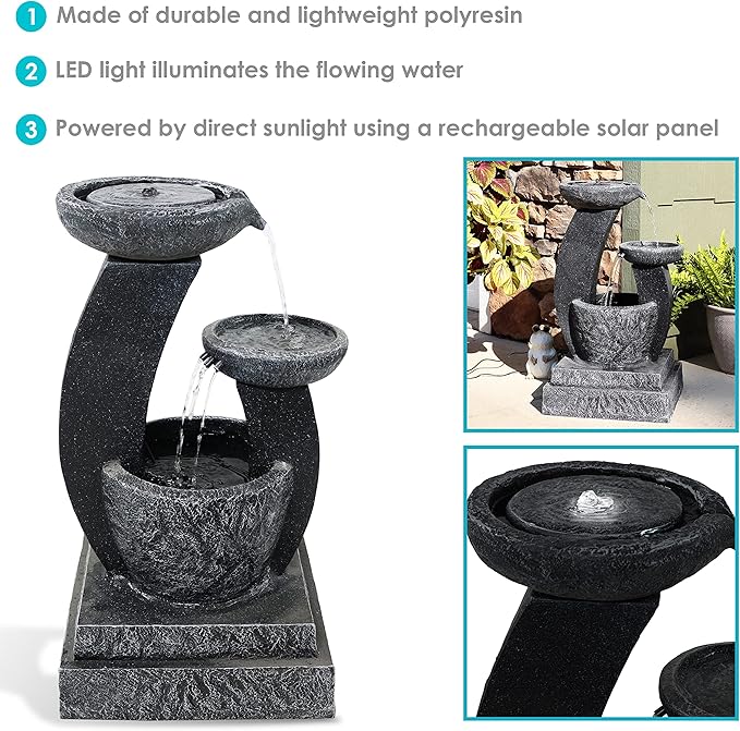 Sunnydaze Modern Cascading Bowls 28-Inch Solar Water Fountain with Battery Backup and LED Lights - Submersible Pump
