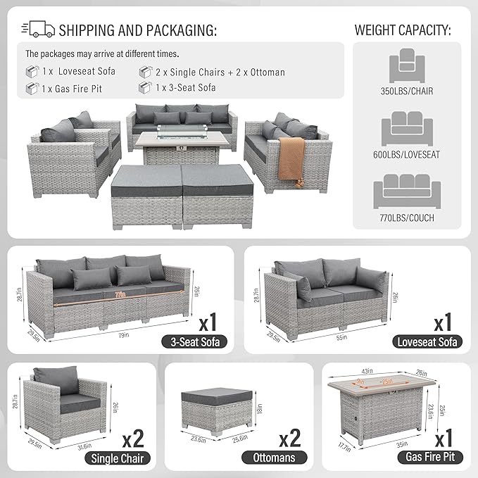 WAROOM Patio Furniture Set 7 Piece Grey Wicker Outdoor Conversation Sets PE Rattan Sectional Sofa with Propane Fire Pit Table and Anti-Slip Grey Cushion