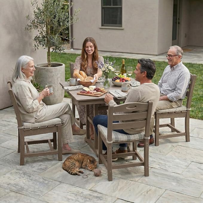 WILLIAMSPACE 37.8" Outdoor Patio Dining Set with 4 Armless Chairs, All Weather HDPE Square Dining Table with Umbrella Hole, Patio 5-Piece Bistro Set for Backyard, Balcony, Lawn, Kitchen (Brown)