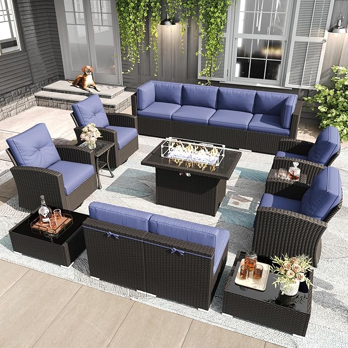 LayinSun 15 Pieces Patio Furniture Set with Fire Pit Table, Black Rattan Modular Sectional Outdoor Conversation Sofa Set, Swivel Rocking Chairs Set