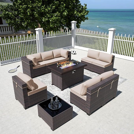 10 Pieces Outdoor Patio Furniture Set,Outdoor Sectional Furniture with 43" 55000 BTU Gas Propane Fire Pit Table,All Weather PE Rattan Wicker Patio Conversation Set,Sand