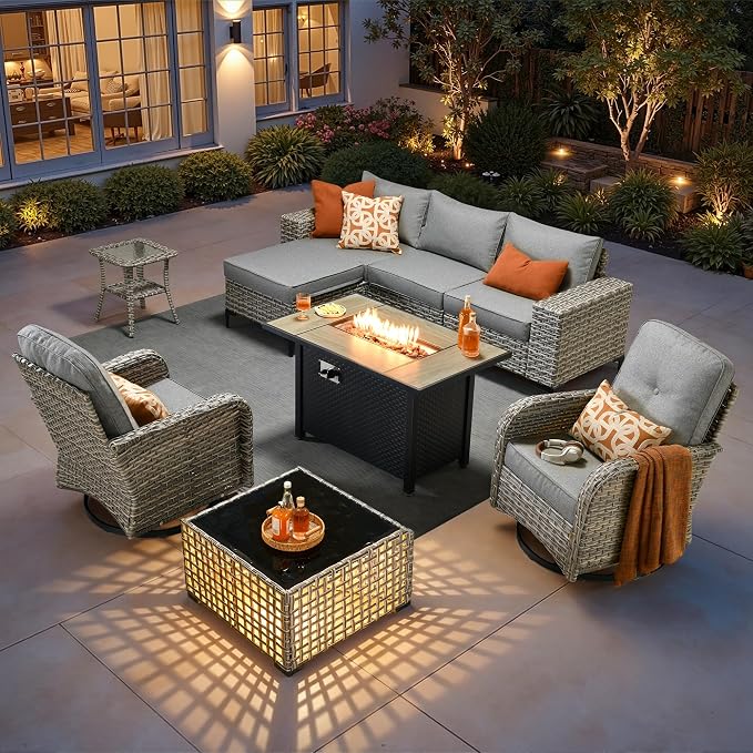 HOOOWOOO 9 Pieces Patio Furniture Set,L Shaped Outdoor Sectional Couch with Fire Pit Table, Pe Wicker All Weather Outside Conversation Sofa Swivel Chiars Solar Table Ottoman Set,Charcoal Gray