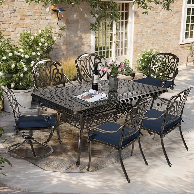 7-Piece Outdoor Patio Dining Set, 60” Rectangular Cast Aluminum Dining Table with Umbrella Hole and 4 Stationary, 2 Swivel Rocker Chairs, 6 Cushioned, Backyard, Patio, Garden, Navy