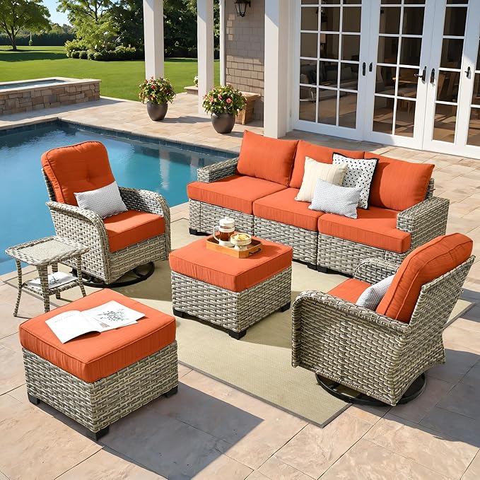 8 Pcs Outdoor Sectional Patio Furniture Set with Swivel Rocking Chair and Ottomans - All Weather Wicker Outside Sectional Couch,Patio Seating Outdoor Conversation Sets for Deck Yard Garden,Orange Red