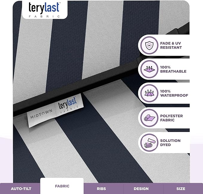 Midtown Umbrellas - 10-Year-No-Fade 8 Ft Patio Umbrella with Terylast Fabric, Auto-Tilt Aluminum Frame and 8 Reinforced Ribs for Deck, Pool, Garden & Beach - Navy/White Stripes Canopy, Black Pole