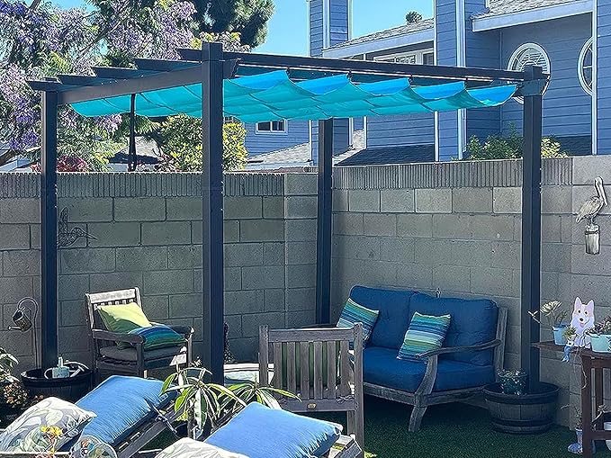 PURPLE LEAF 10' X 10' Outdoor Retractable Pergola with Sun Shade Canopy Patio Metal Shelter for Garden Porch Beach Pavilion Grill Gazebo Modern Yard Grape Trellis Pergola, Turquoise Blue