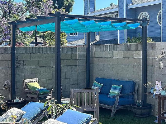 PURPLE LEAF 10' X 10' Outdoor Retractable Pergola with Sun Shade Canopy Patio Metal Shelter for Garden Porch Beach Pavilion Grill Gazebo Modern Yard Grape Trellis Pergola, Turquoise Blue