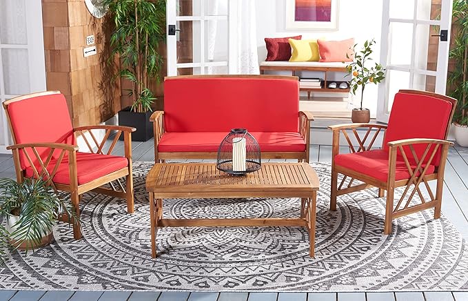 SAFAVIEH Outdoor Collection Fontana Natural/Red Cushion 4-Piece Conversation Patio Set