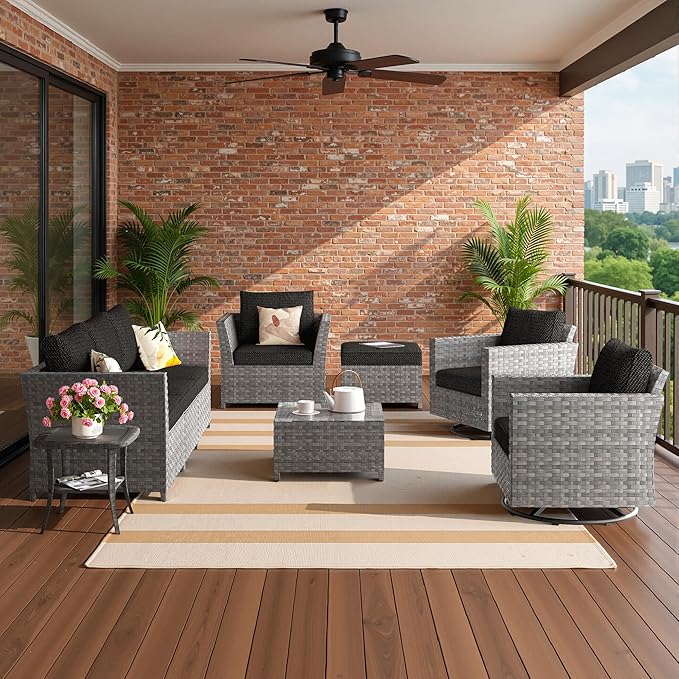 Fully Assembled & Spacious 9-Pc Outdoor Sofa Set, Patio Rattan Conversation Group with Rocking Chair and Tea Table